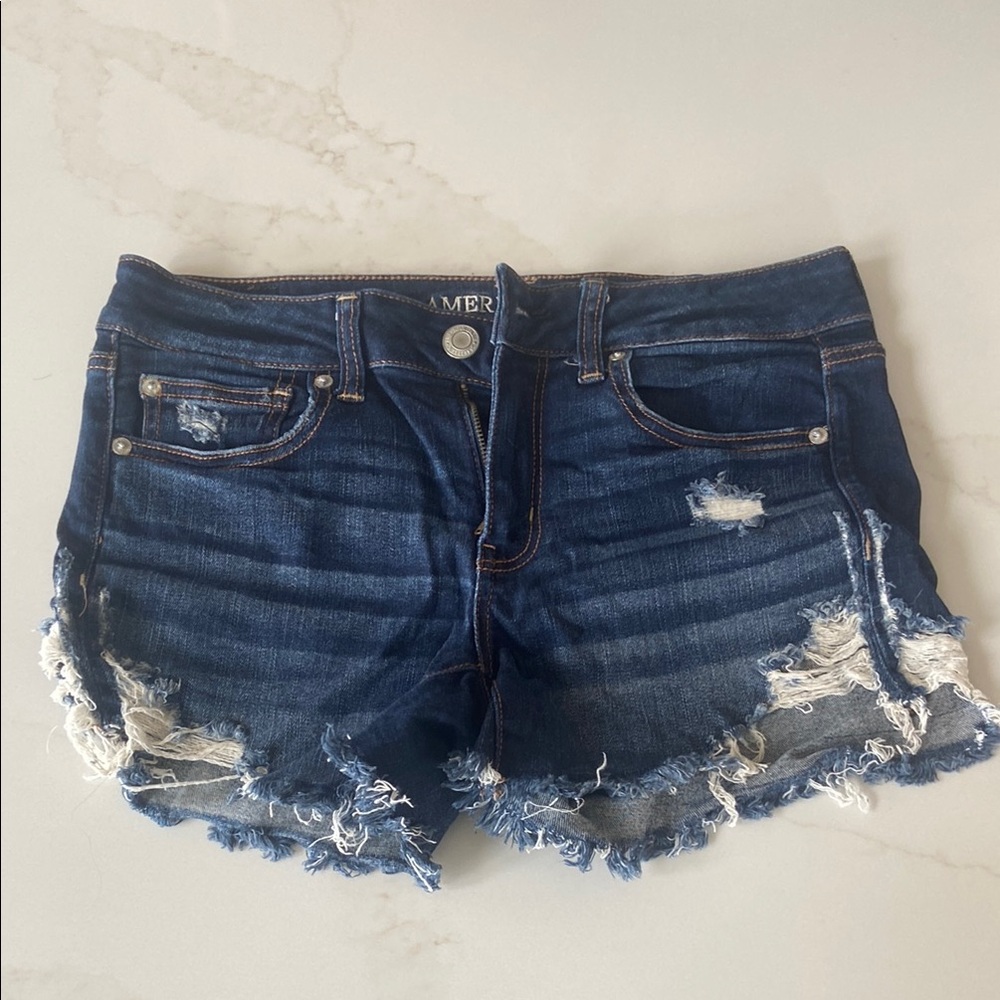 American Eagle Outfitters Women's Distressed Denim Shorts - Dark Blue